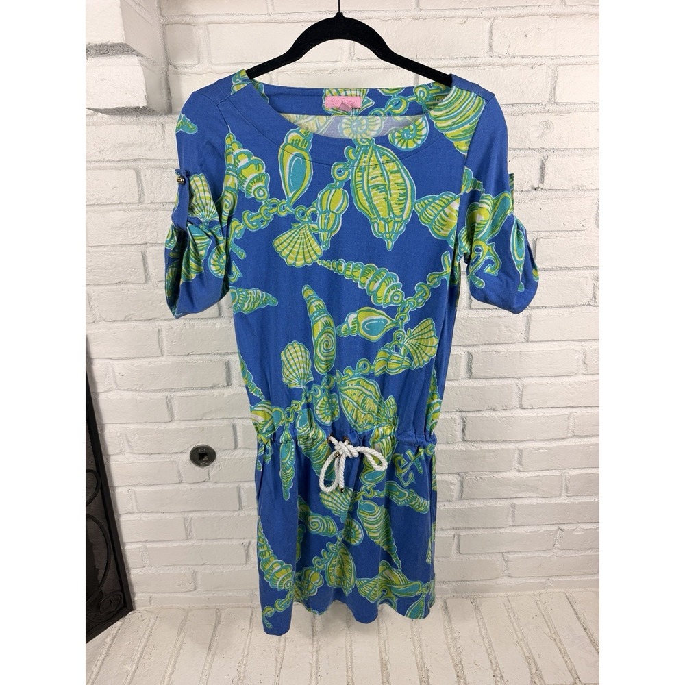 Lilly Pulitzer S Silk Cotton Dress Blue Green Seashell Coastal Resort Preppy